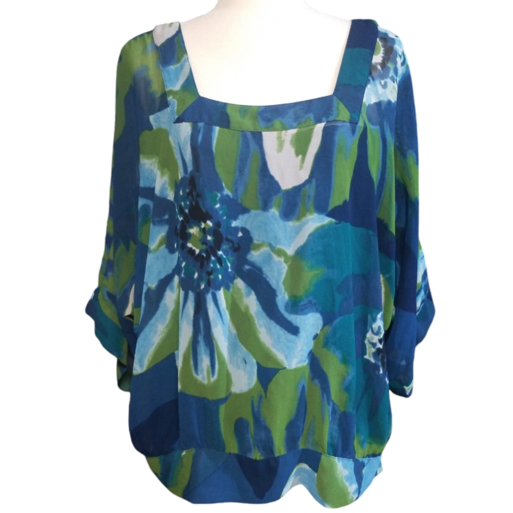 a.n.a Blue Green Floral Square-Neck Blouse
